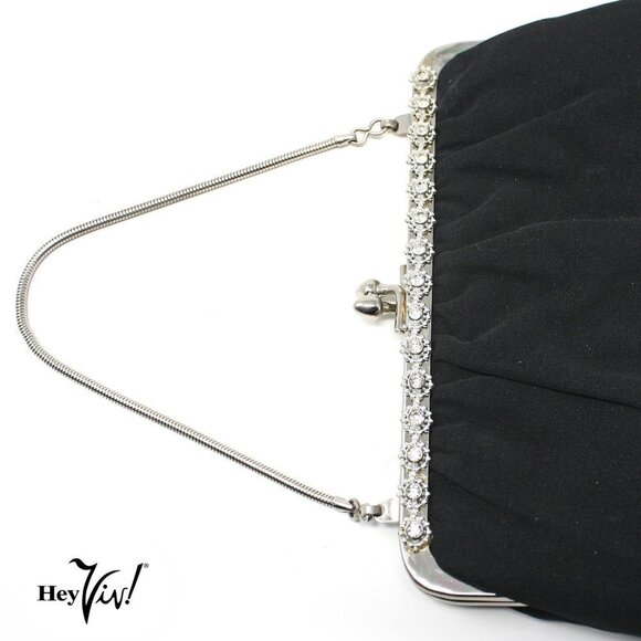 Vintage Black Faille Purse - Cocktail Evening Bag w Rhinestone Trim - Picture 3 of 5
